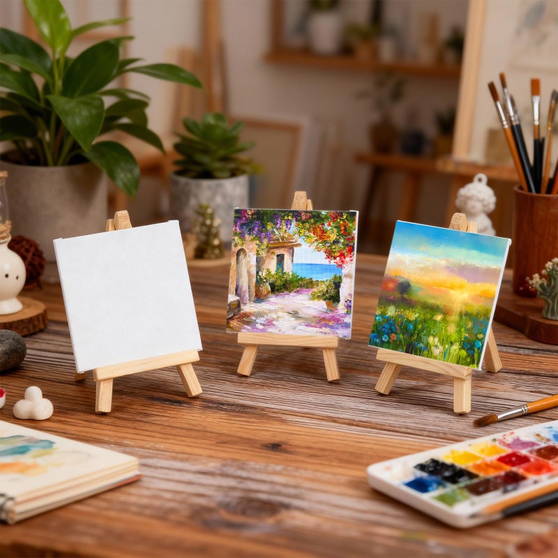 MotiMind 36 Pcs Mini Canvas and Easel Set for Painting, 4 x 4 Inch Canvas Panels with 6 Inch Wooden Easels for Oil Acrylic Painting Christmas Birthday Valentine's Mother's Day Art Crafts Party Favors - Image 4