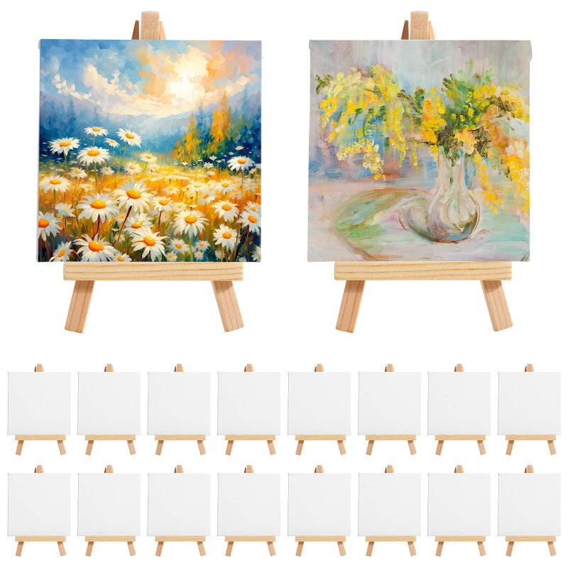 MotiMind 36 Pcs Mini Canvas and Easel Set for Painting, 4 x 4 Inch Canvas Panels with 6 Inch Wooden Easels for Oil Acrylic Painting Christmas Birthday Valentine's Mother's Day Art Crafts Party Favors - Image 1