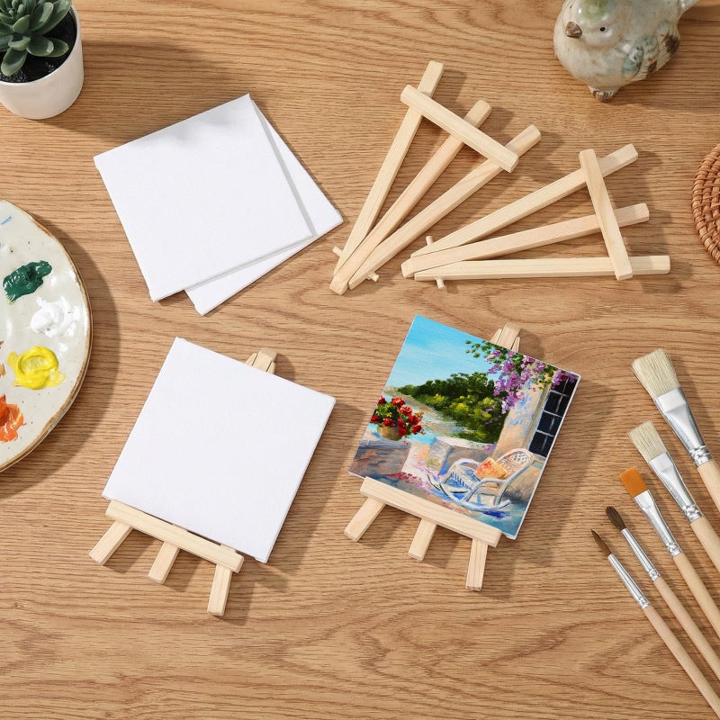 MotiMind 36 Pcs Mini Canvas and Easel Set for Painting, 4 x 4 Inch Canvas Panels with 6 Inch Wooden Easels for Oil Acrylic Painting Christmas Birthday Valentine's Mother's Day Art Crafts Party Favors - Image 3