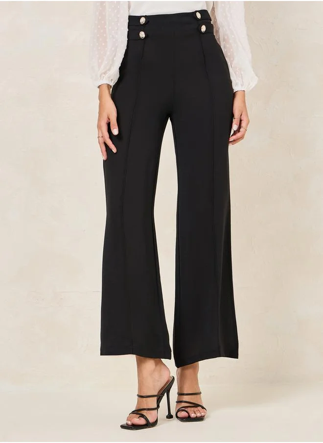 Styli High Rise Button Trim Waistband Wide Leg Pants