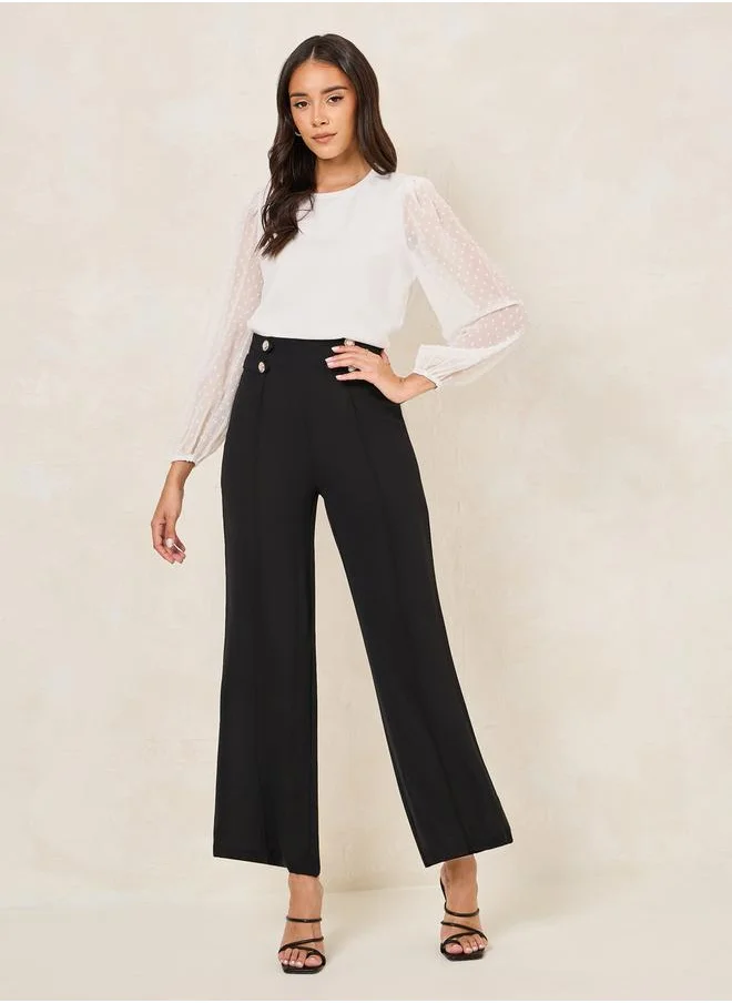 Styli High Rise Button Trim Waistband Wide Leg Pants