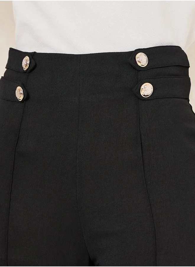 Styli High Rise Button Trim Waistband Wide Leg Pants