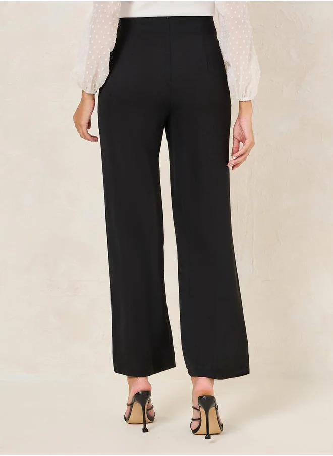 Styli High Rise Button Trim Waistband Wide Leg Pants