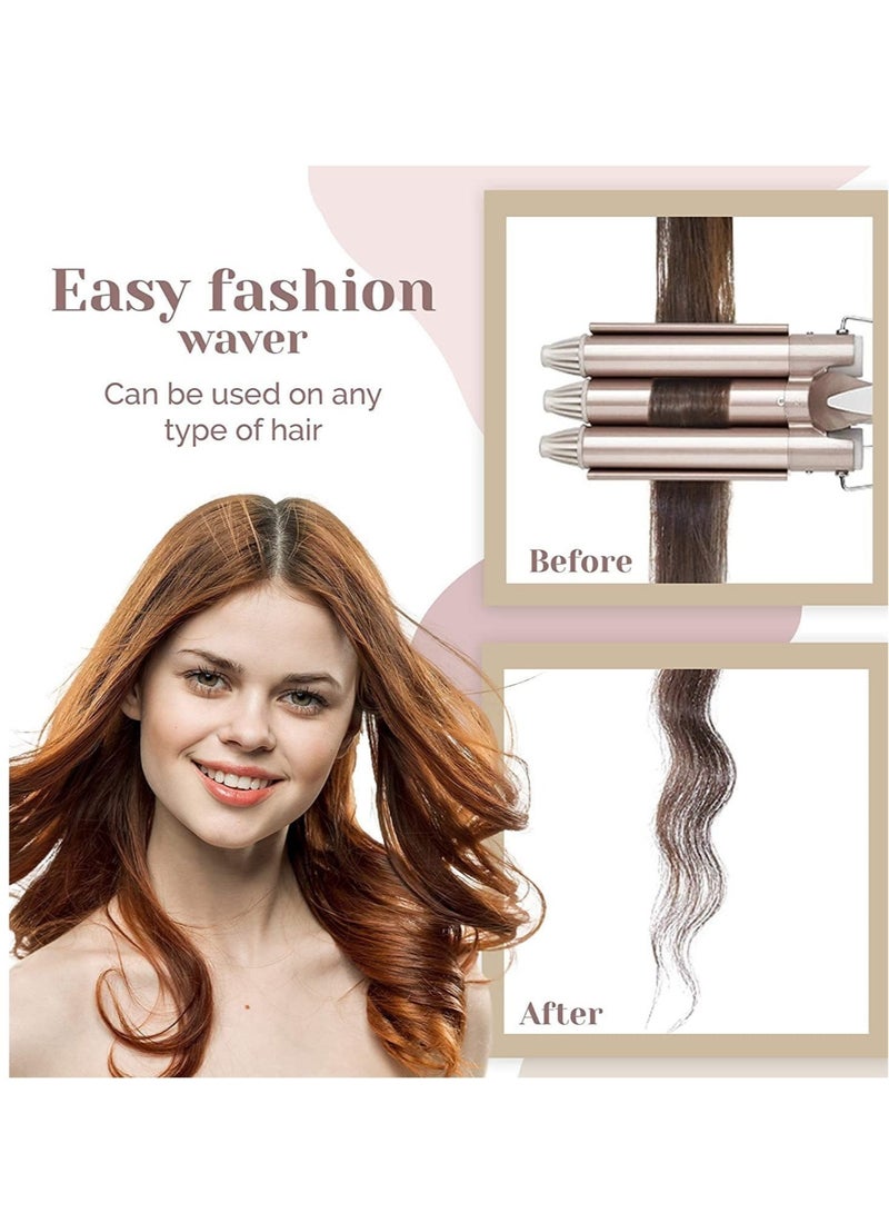 3 Barrel Curling Iron,1 inch Triple Three Barrel Hair Waver Mermaid Beach Waves Curling Wand Ceramic Tourmaline Temperature Adjustable Curler Irons,Hair Crimper Fast Heating Curling Wand (Gold) - Image 2