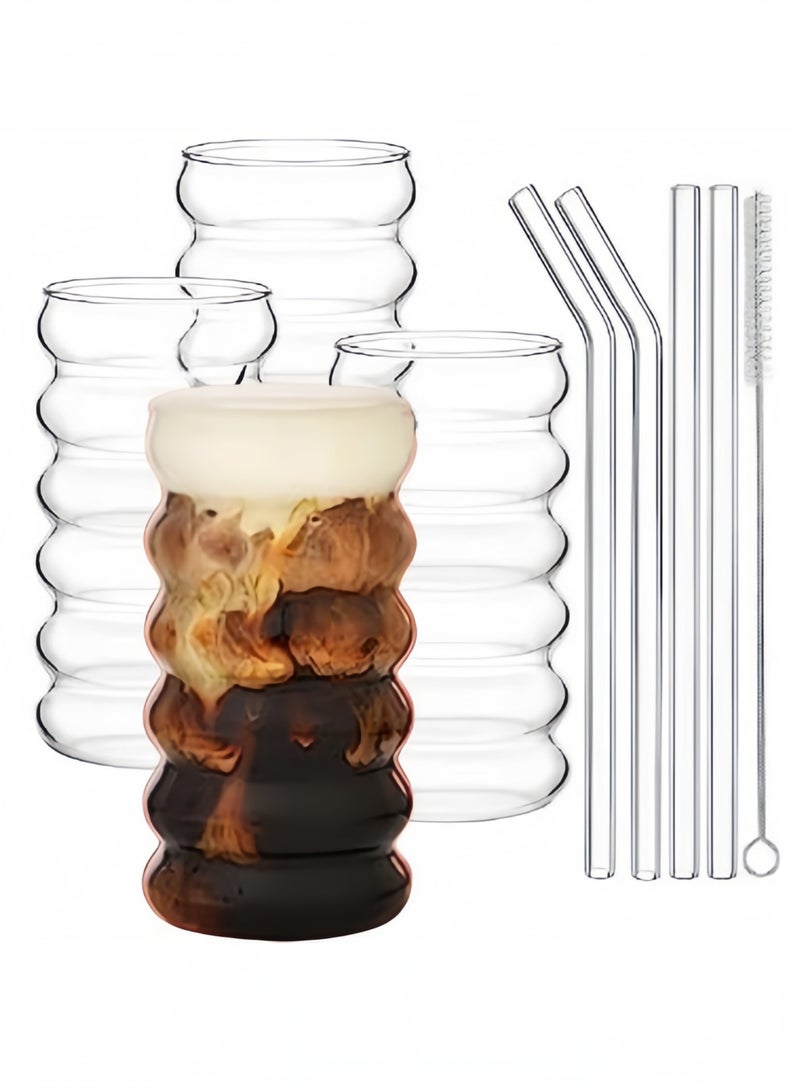 kangchoice Drinking Glass Cups with Straws Set of 4, 450ml Aesthetic Iced Coffee Glasses, Wave Bubble Tumbler, Ripple Glassware, Drinking Glasses for Milk, Soda, Gift with Cleaning Brush - Image 1
