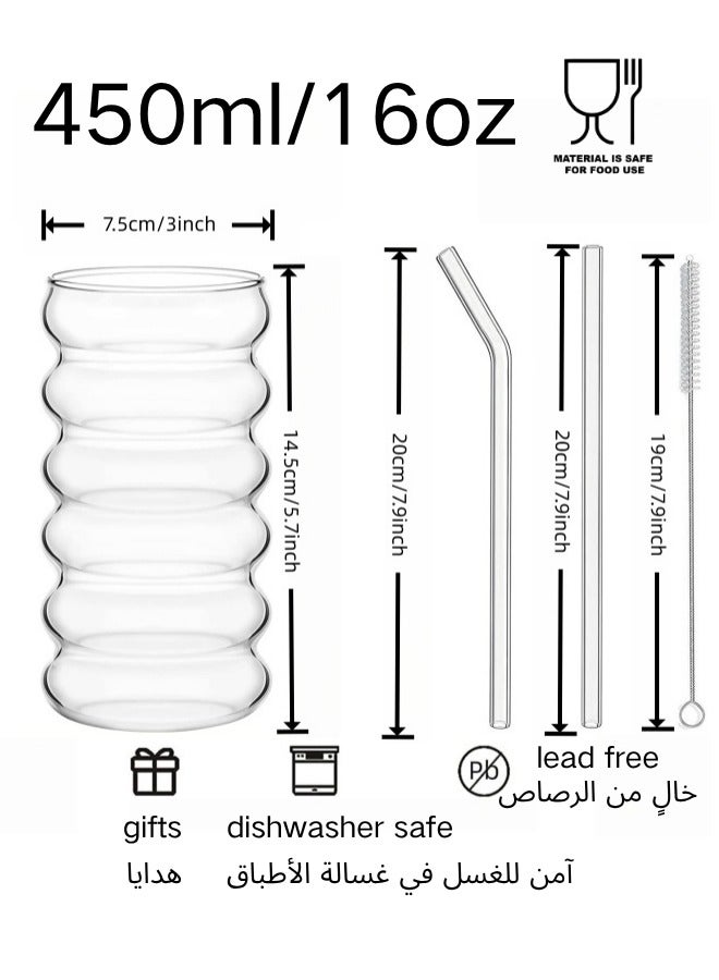 kangchoice Drinking Glass Cups with Straws Set of 4, 450ml Aesthetic Iced Coffee Glasses, Wave Bubble Tumbler, Ripple Glassware, Drinking Glasses for Milk, Soda, Gift with Cleaning Brush - Image 2