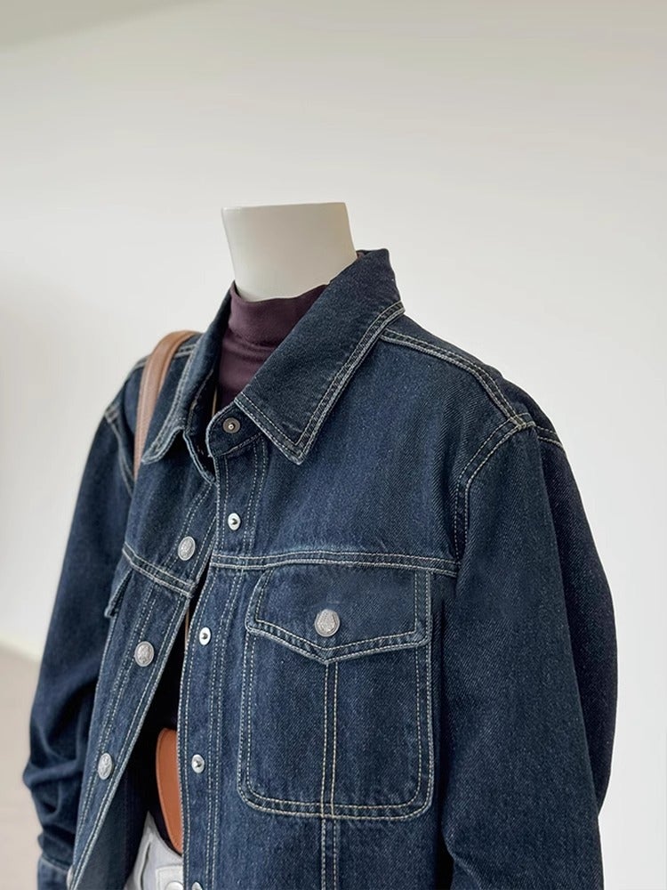 New Hong Kong-Style Retro Dark Blue Denim Jacket Women'S Slimming Casual Workwear Jacket Top - Image 5