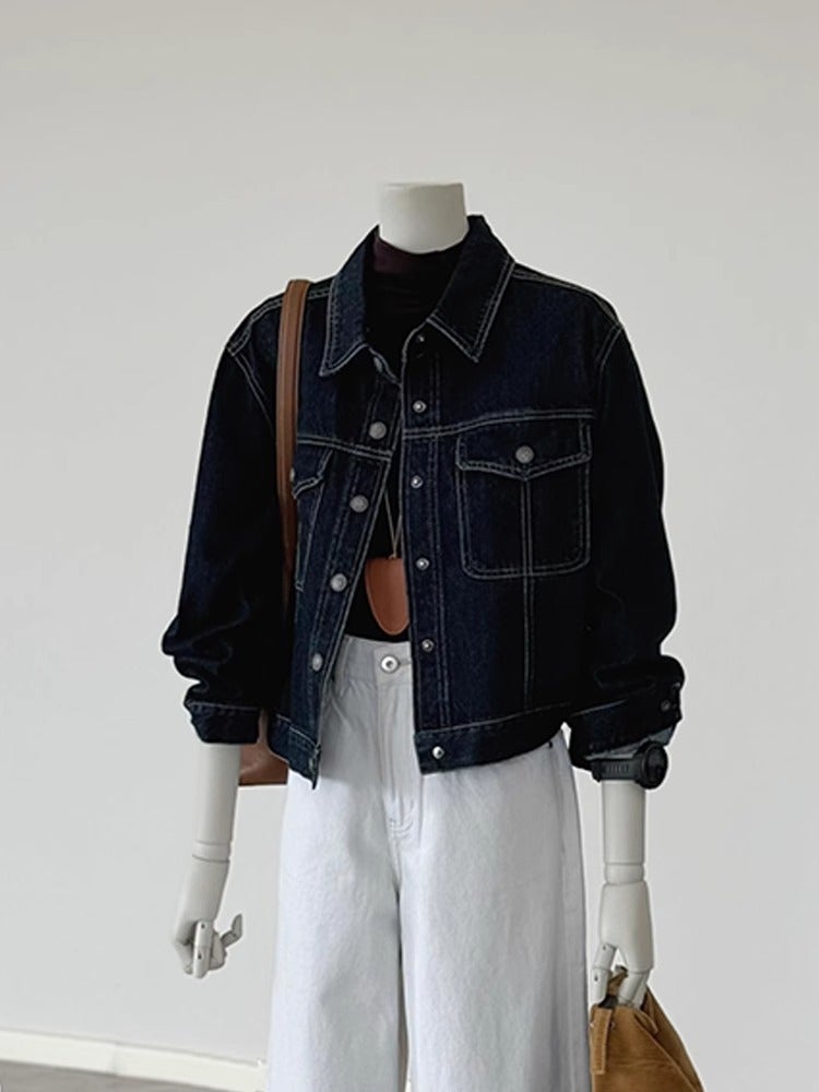 New Hong Kong-Style Retro Dark Blue Denim Jacket Women'S Slimming Casual Workwear Jacket Top - Image 2