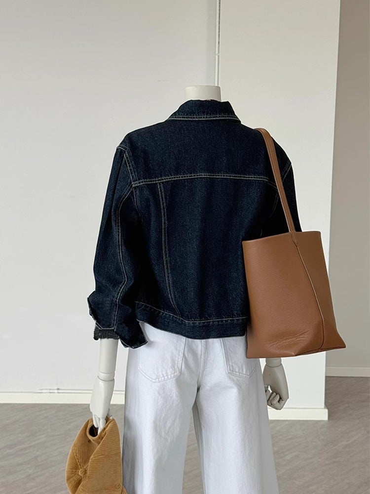 New Hong Kong-Style Retro Dark Blue Denim Jacket Women'S Slimming Casual Workwear Jacket Top - Image 3