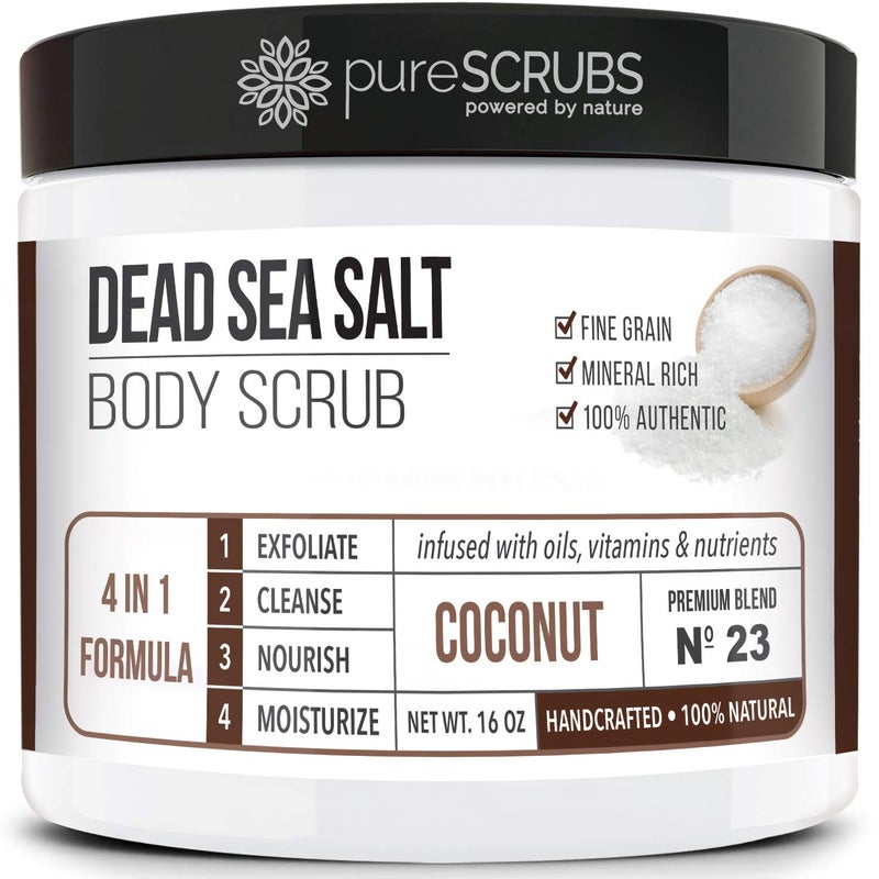 pureSCRUBS Premium Coconut Body Scrub Set  Large 16oz Dead Sea Salt Body Scrub With Infused Essential Oils  Nutrients Includes Wooden Spoon Loofah  Oatmeal Exfoliating Bar Soap