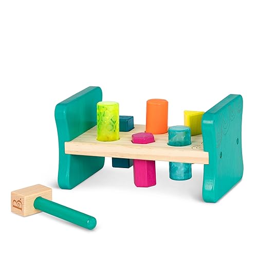 B. Toys B toys Wooden Shape Sorter Pounding Bench for Shape Sorting 6 Pegs Toy Hammer Classic Toys for Toddlers Kids 2 Years Colorful Pound Play - Image 1