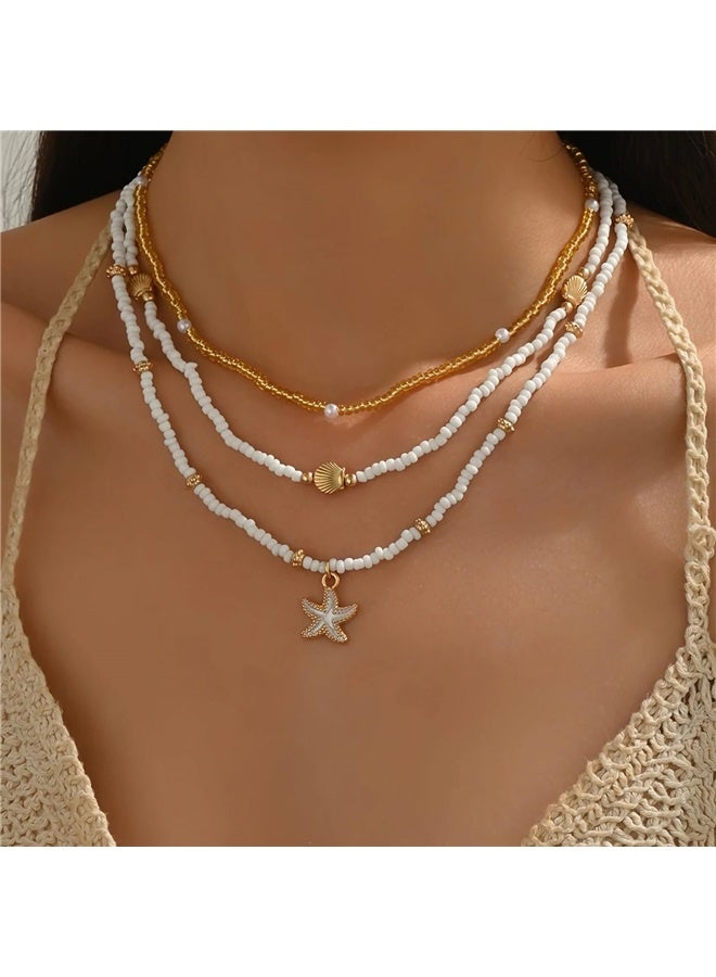 yongsheng Handmade Ocean Necklace, Women's Summer Adjustable Natural Collar Necklace (Beige Braided Cord) - Image 4