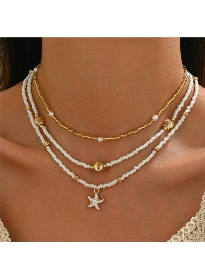 yongsheng Handmade Ocean Necklace, Women's Summer Adjustable Natural Collar Necklace (Beige Braided Cord) - Image 2