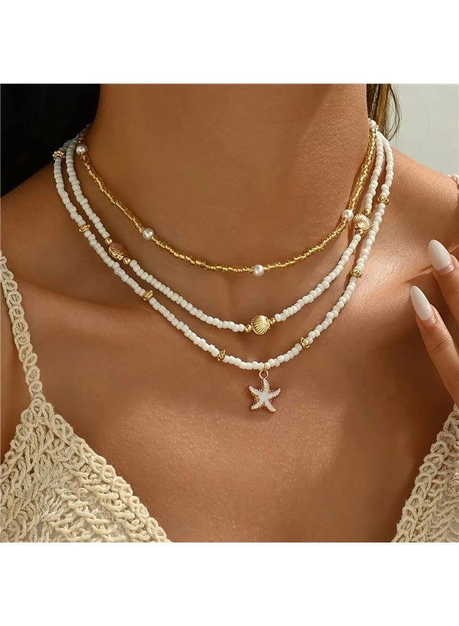 yongsheng Handmade Ocean Necklace, Women's Summer Adjustable Natural Collar Necklace (Beige Braided Cord) - Image 1