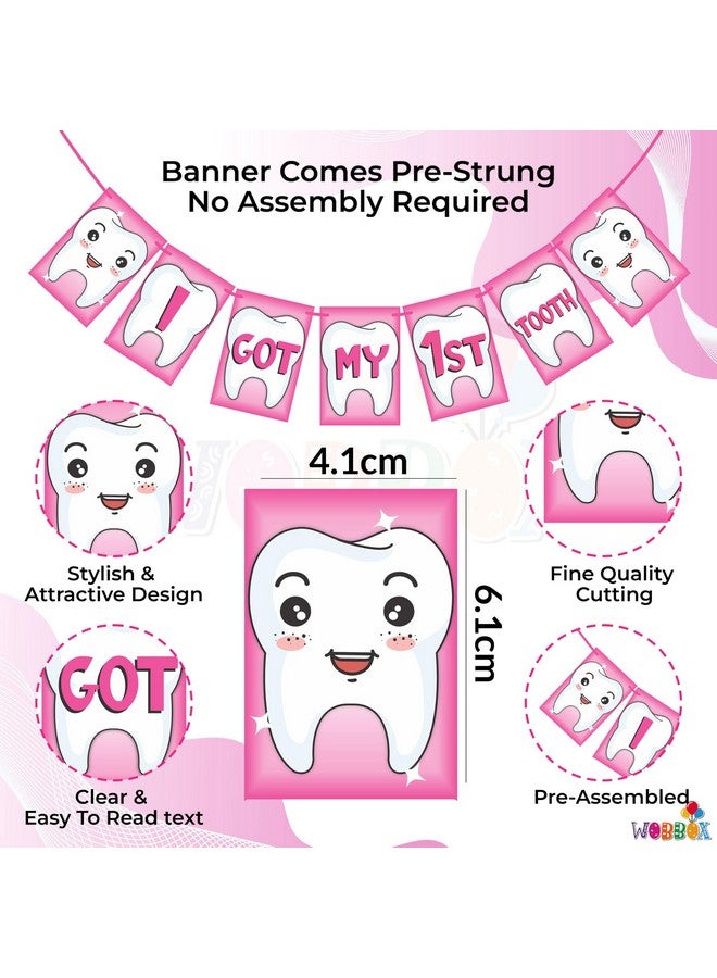Wobbox I Got My 1st Tooth Bunting Banner, Pink Colour Stylish Font, First Tooth Decoration, Happy Birthday Decoration - Image 2