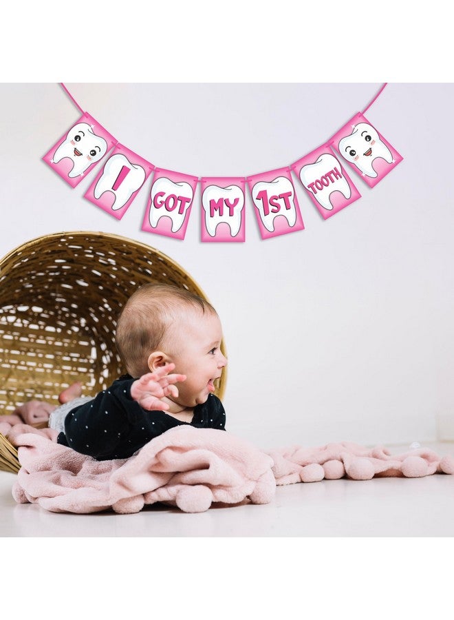 Wobbox I Got My 1st Tooth Bunting Banner, Pink Colour Stylish Font, First Tooth Decoration, Happy Birthday Decoration - Image 5
