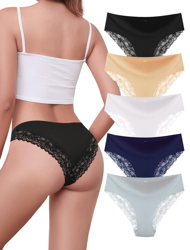 voenxe Lace Underwear for Women,Stretch Soft Bikini Panties,Sheer Lacy Ladies Briefs,Comfortable Hipster Panty Undies,5 Pack Basic - Image 1