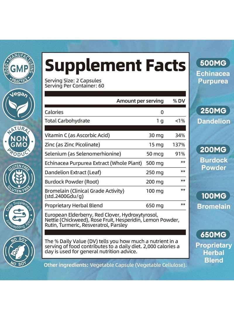 Totaria Lymphatic Drainage & Swelling Relief Supplement  with Echinacea, Dandelion, Bromelain & Antioxidants ,120 Capsules - Image 5