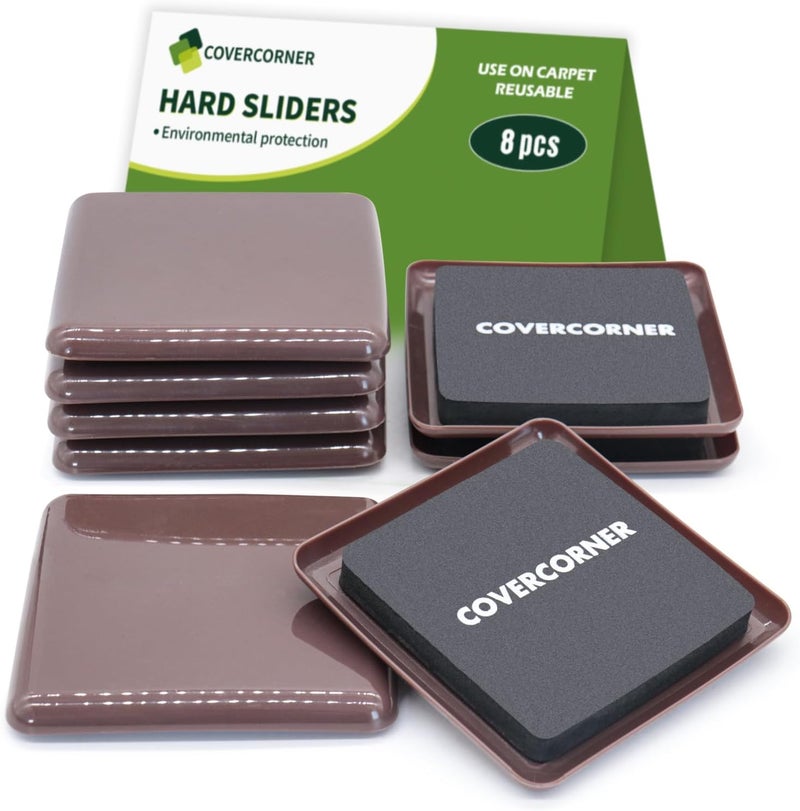 covercorner Furniture Sliders for Carpet 8 PCS - 3 1/2 inch Furniture Moving Slider Chair Legs Floors Protectors Square Furniture Movers Sliders – Move Your Furniture Easy & Safely(for Carpet)-Brown - Image 1