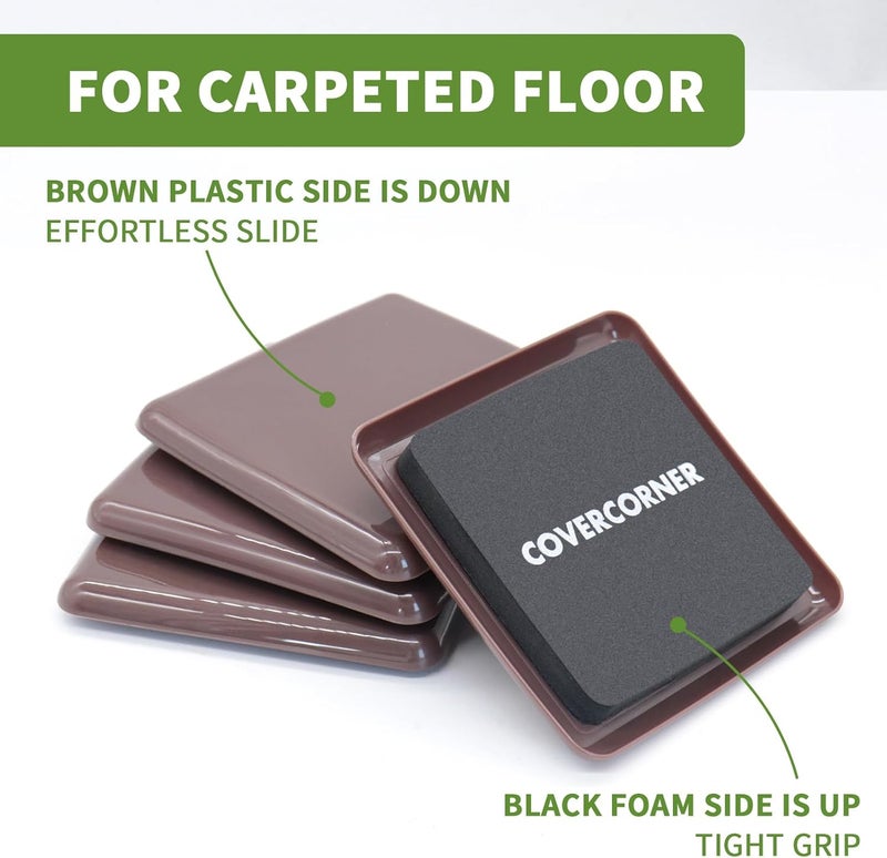 covercorner Furniture Sliders for Carpet 8 PCS - 3 1/2 inch Furniture Moving Slider Chair Legs Floors Protectors Square Furniture Movers Sliders – Move Your Furniture Easy & Safely(for Carpet)-Brown - Image 3