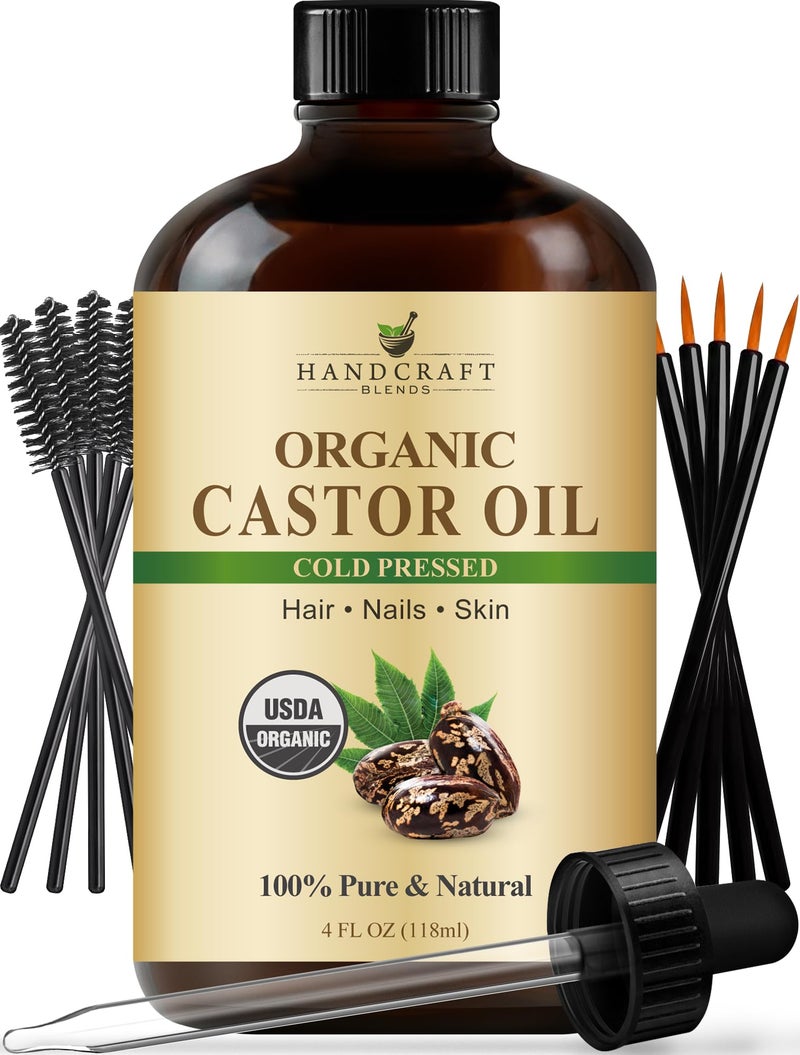 Handcraft Blends ColdPressed Organic Castor Oil in Glass Bottle with Lash Brushes 4 Fl Oz 100 Pure and Natural Premium Grade Carrier Oil for Hair Growth Eyelashes and Eyebrows Hair and Body