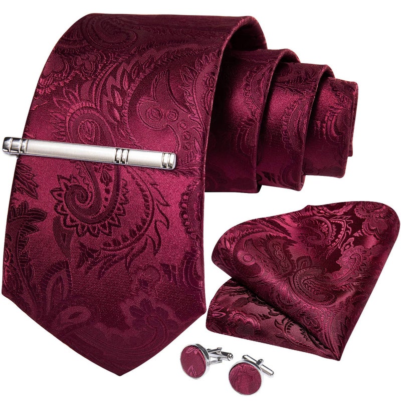DiBanGu Paisley Ties for Men Silk Necktie and Pocket Square Cufflinks Tie Clip Set Woven Classic Mens Tie for Wedding Party, Burgundy - Image 4