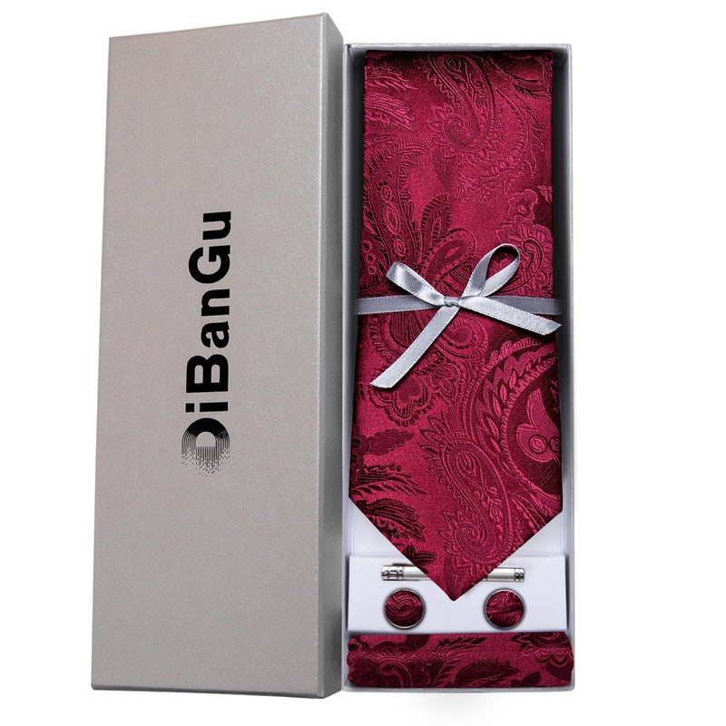 DiBanGu Paisley Ties for Men Silk Necktie and Pocket Square Cufflinks Tie Clip Set Woven Classic Mens Tie for Wedding Party, Burgundy - Image 3