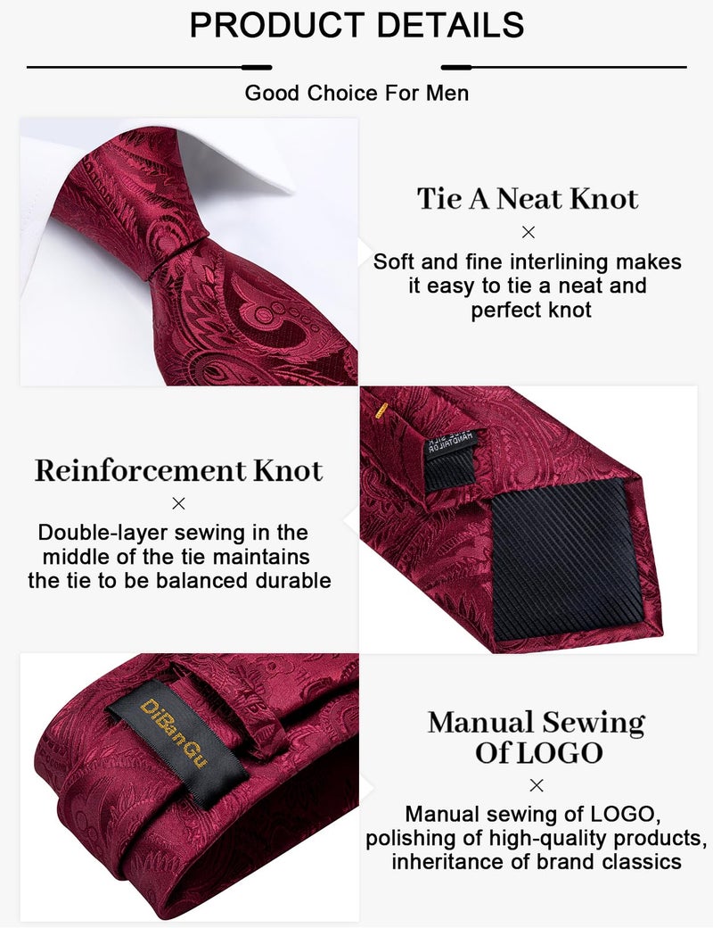 DiBanGu Paisley Ties for Men Silk Necktie and Pocket Square Cufflinks Tie Clip Set Woven Classic Mens Tie for Wedding Party, Burgundy - Image 5