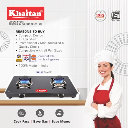 Khaitan 2 Burner Premium Black Toughened Glass LPG Gas Cooktop, Manual Ignition Gas Stove with 1 Year Warranty (ISI Approved) (2 Burner) - Image 4