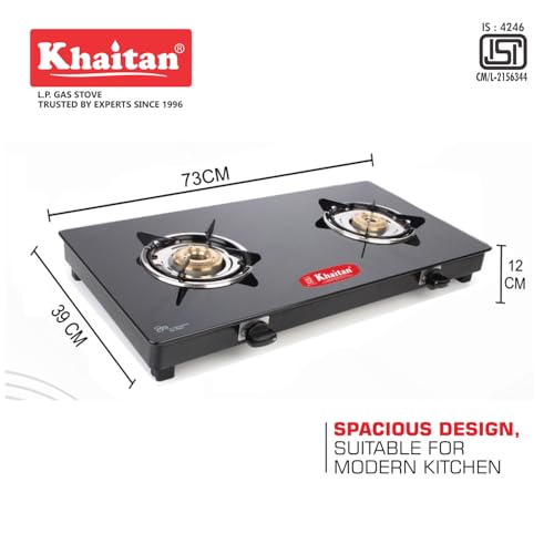 Khaitan 2 Burner Premium Black Toughened Glass LPG Gas Cooktop, Manual Ignition Gas Stove with 1 Year Warranty (ISI Approved) (2 Burner) - Image 3