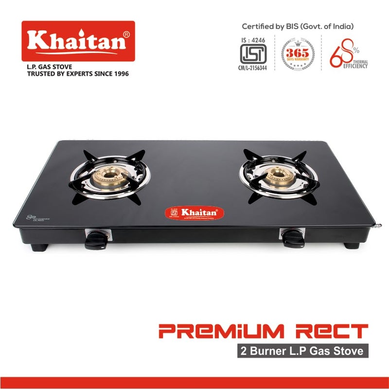 Khaitan 2 Burner Premium Black Toughened Glass LPG Gas Cooktop, Manual Ignition Gas Stove with 1 Year Warranty (ISI Approved) (2 Burner) - Image 2