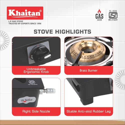 Khaitan 2 Burner Premium Black Toughened Glass LPG Gas Cooktop, Manual Ignition Gas Stove with 1 Year Warranty (ISI Approved) (2 Burner) - Image 5