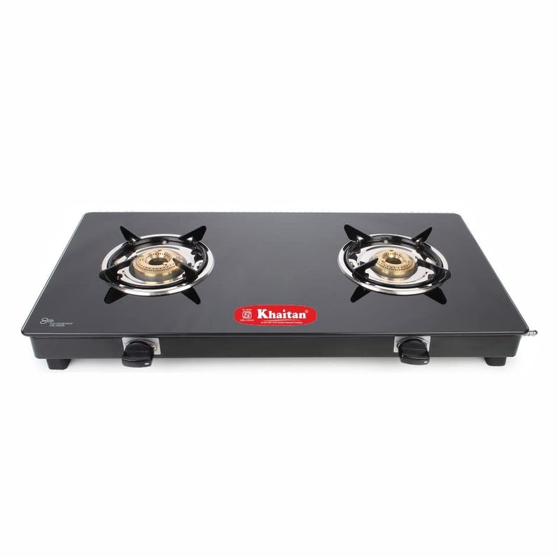 Khaitan 2 Burner Premium Black Toughened Glass LPG Gas Cooktop, Manual Ignition Gas Stove with 1 Year Warranty (ISI Approved) (2 Burner) - Image 1
