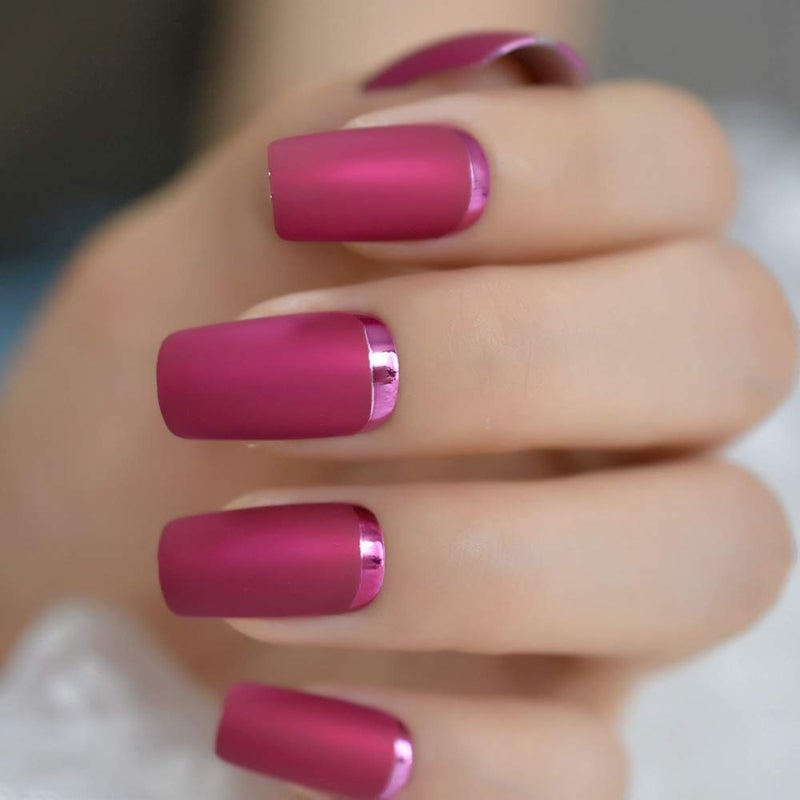 EchiQ Slim Gorgeous Fake Nails Matte Rose Red with Metallic Moo Medium Size Frosted Artificial Acrylic Nail Art Tips - Image 5