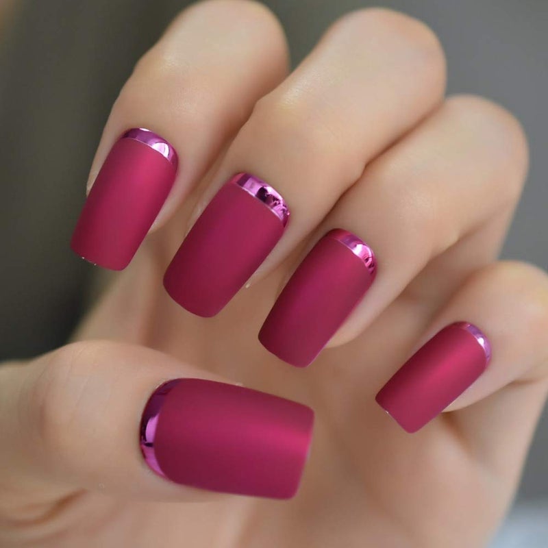 EchiQ Slim Gorgeous Fake Nails Matte Rose Red with Metallic Moo Medium Size Frosted Artificial Acrylic Nail Art Tips - Image 2