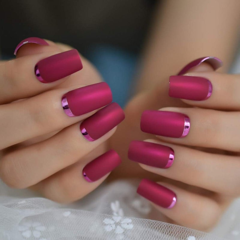 EchiQ Slim Gorgeous Fake Nails Matte Rose Red with Metallic Moo Medium Size Frosted Artificial Acrylic Nail Art Tips - Image 1