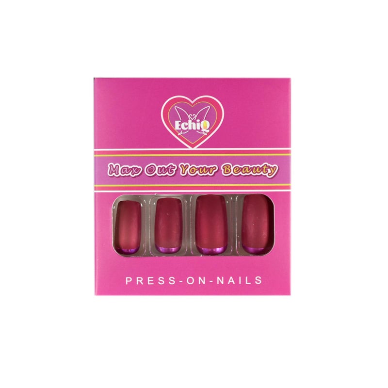 EchiQ Slim Gorgeous Fake Nails Matte Rose Red with Metallic Moo Medium Size Frosted Artificial Acrylic Nail Art Tips - Image 4