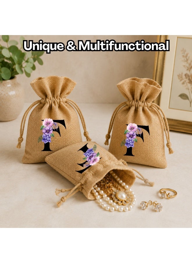 PRINTSHOP4ME Alphabet Floral Initial Burlap Gift Bags Pack of 12 | Jute Drawstring Pouches | Reusable Favor Bags | 17 x 23 cm” - Image 5