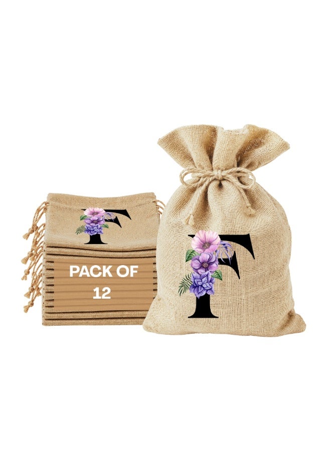 PRINTSHOP4ME Alphabet Floral Initial Burlap Gift Bags Pack of 12 | Jute Drawstring Pouches | Reusable Favor Bags | 17 x 23 cm” - Image 1