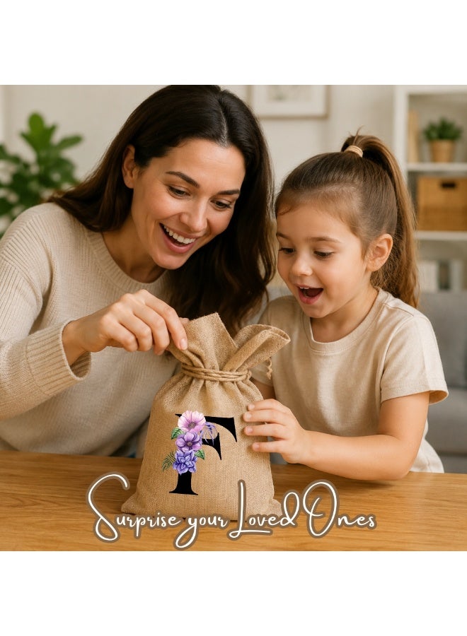 PRINTSHOP4ME Alphabet Floral Initial Burlap Gift Bags Pack of 12 | Jute Drawstring Pouches | Reusable Favor Bags | 17 x 23 cm” - Image 2