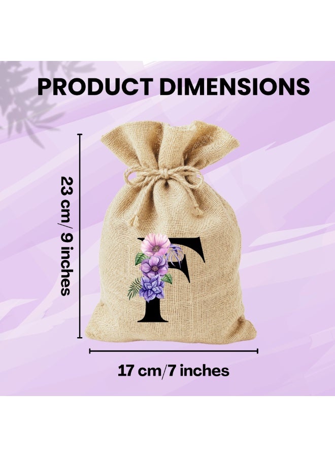 PRINTSHOP4ME Alphabet Floral Initial Burlap Gift Bags Pack of 12 | Jute Drawstring Pouches | Reusable Favor Bags | 17 x 23 cm” - Image 3