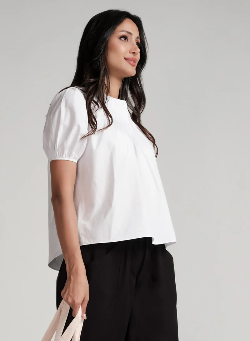 Zigzag Raglan Sleeve Pintucked Sleeve Puffed White Top