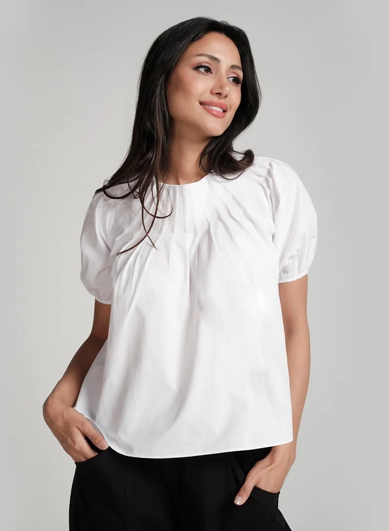 Zigzag Raglan Sleeve Pintucked Sleeve Puffed White Top