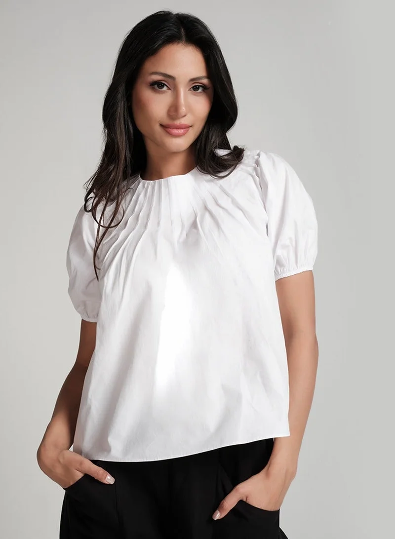 Zigzag Raglan Sleeve Pintucked Sleeve Puffed White Top