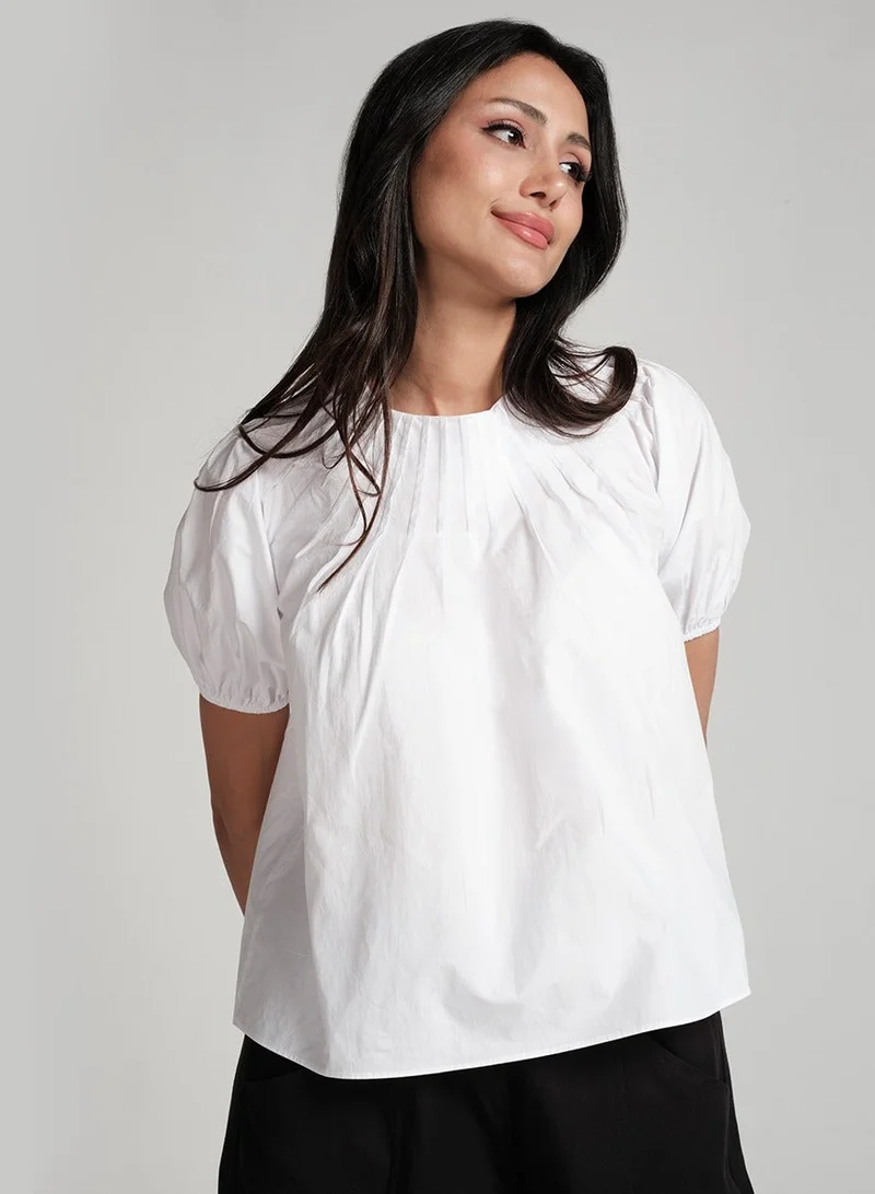 Zigzag Raglan Sleeve Pintucked Sleeve Puffed White Top