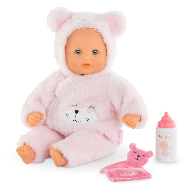 Corolle My First Baby Doll Cuddly Teddy Bear - 12" Soft Boy Baby Doll with Vanilla Scent, Pink Bear Outfit & Sleeping Eyes for Girls, Cute Reborn Realistic Baby Dolls for 2 Year Old Girls - Image 1