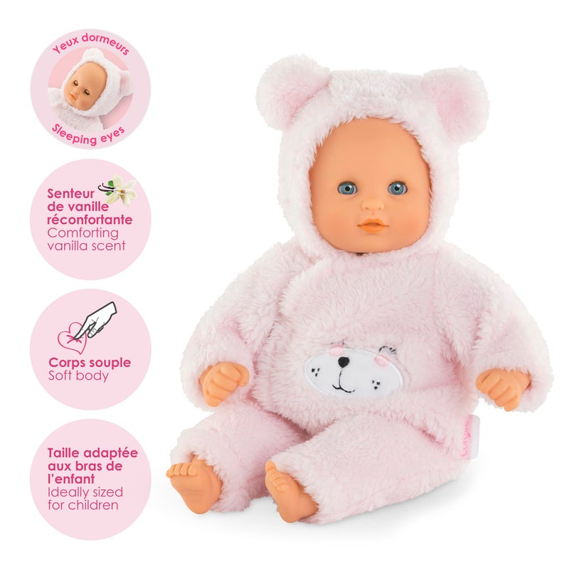 Corolle My First Baby Doll Cuddly Teddy Bear - 12" Soft Boy Baby Doll with Vanilla Scent, Pink Bear Outfit & Sleeping Eyes for Girls, Cute Reborn Realistic Baby Dolls for 2 Year Old Girls - Image 3