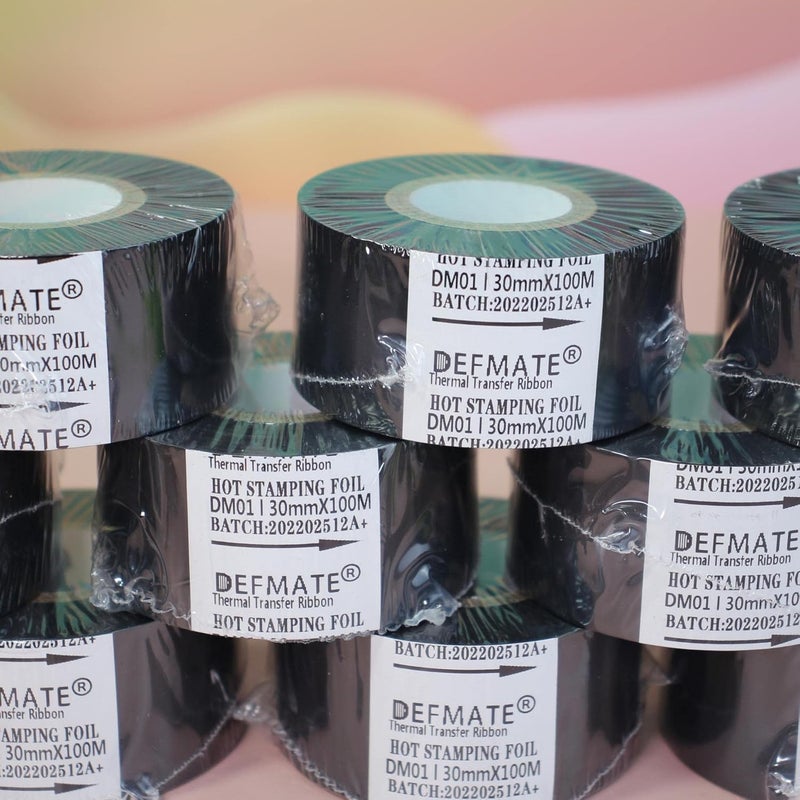 DEFMATE 12 لفات 30mm × 100m رقائق الختم الساخن الأسود شريط النقل الحراري الراتنج لآلة الطابعة الكود، شريط أسود لآلة الترميز - Image 4