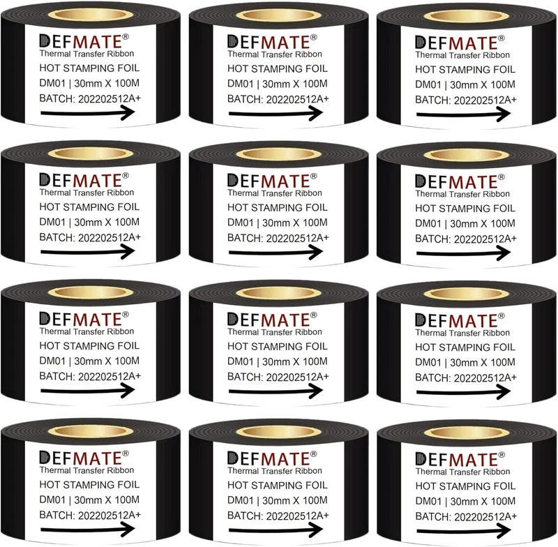 DEFMATE 12 لفات 30mm × 100m رقائق الختم الساخن الأسود شريط النقل الحراري الراتنج لآلة الطابعة الكود، شريط أسود لآلة الترميز - Image 1