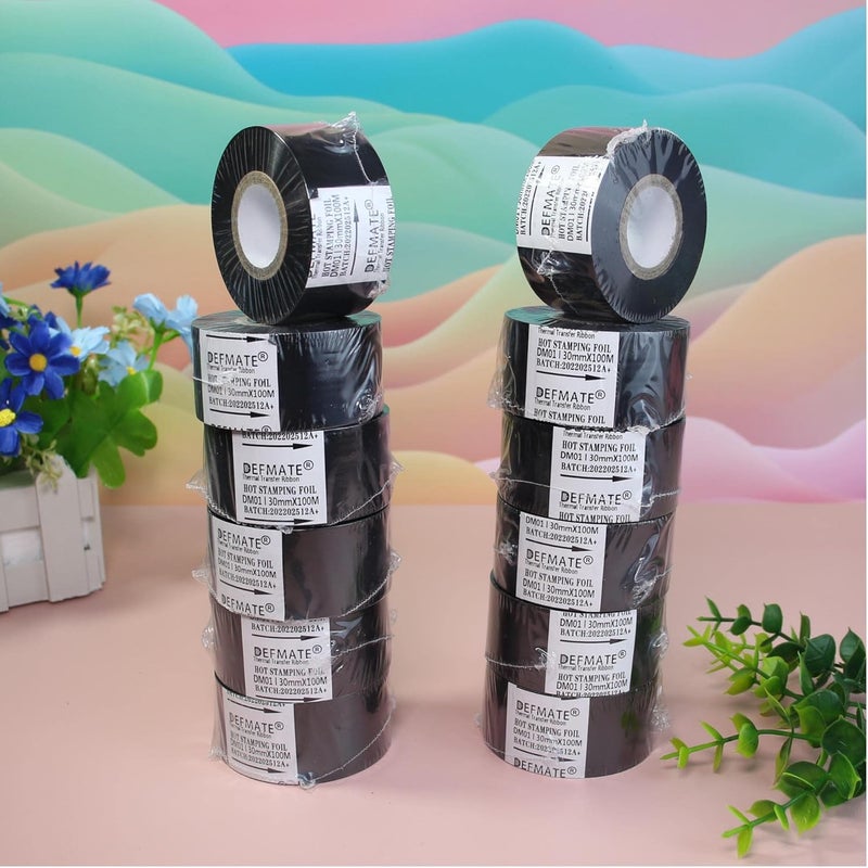 DEFMATE 12 لفات 30mm × 100m رقائق الختم الساخن الأسود شريط النقل الحراري الراتنج لآلة الطابعة الكود، شريط أسود لآلة الترميز - Image 3
